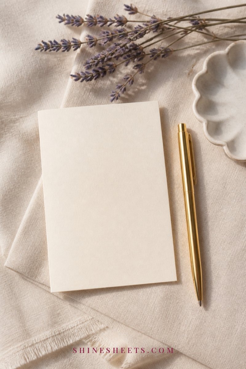 Cream notecards and envelopes with a gold pen and a sprig of dried flowers on a white linen table in natural light