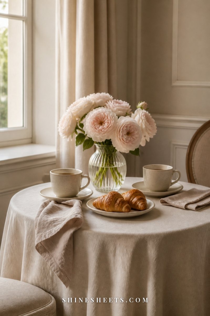 A linen-covered cafe table set for two with cream mugs, a small pastry plate and a glass vase of roses in soft morning light