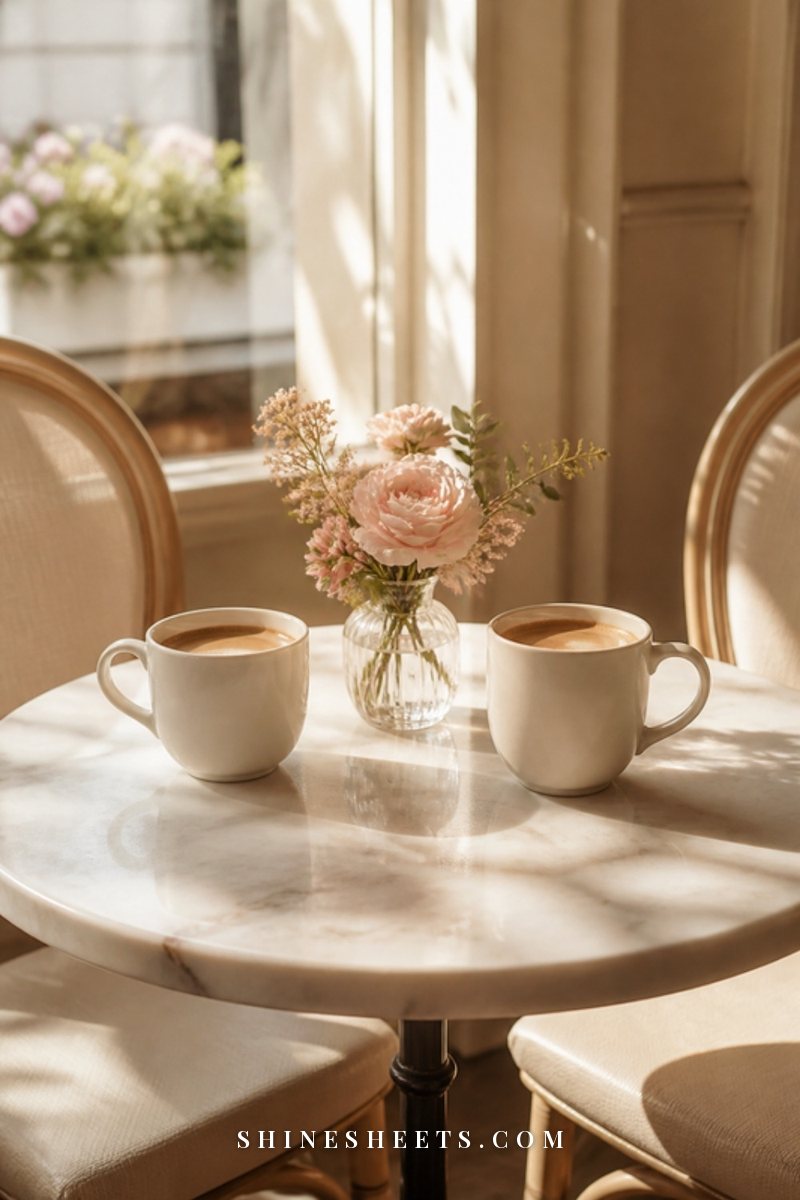 Two cream ceramic mugs of coffee on a sunlit cafe table with a small vase of blush flowers between them