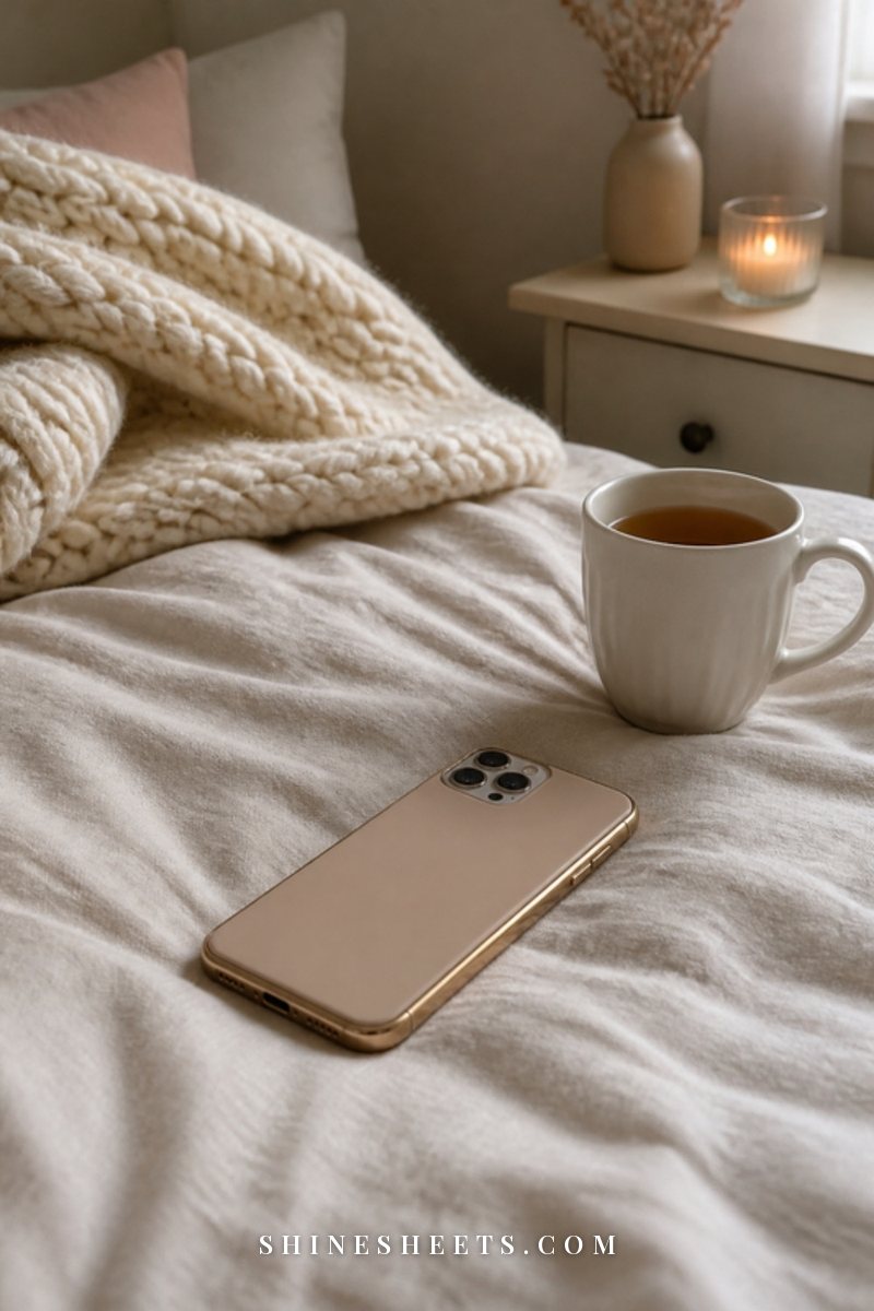 A woman's hands holding a cream mug of tea on a soft knit blanket, a phone resting face-down beside a small vase of dried flowers