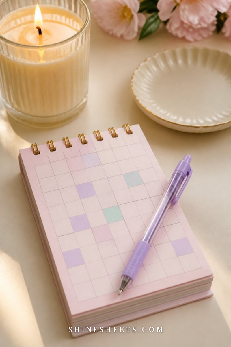 Blank habit tracker notepad with soft pastel ticks next to a lavender gel pen and a glass candle on a cream desk