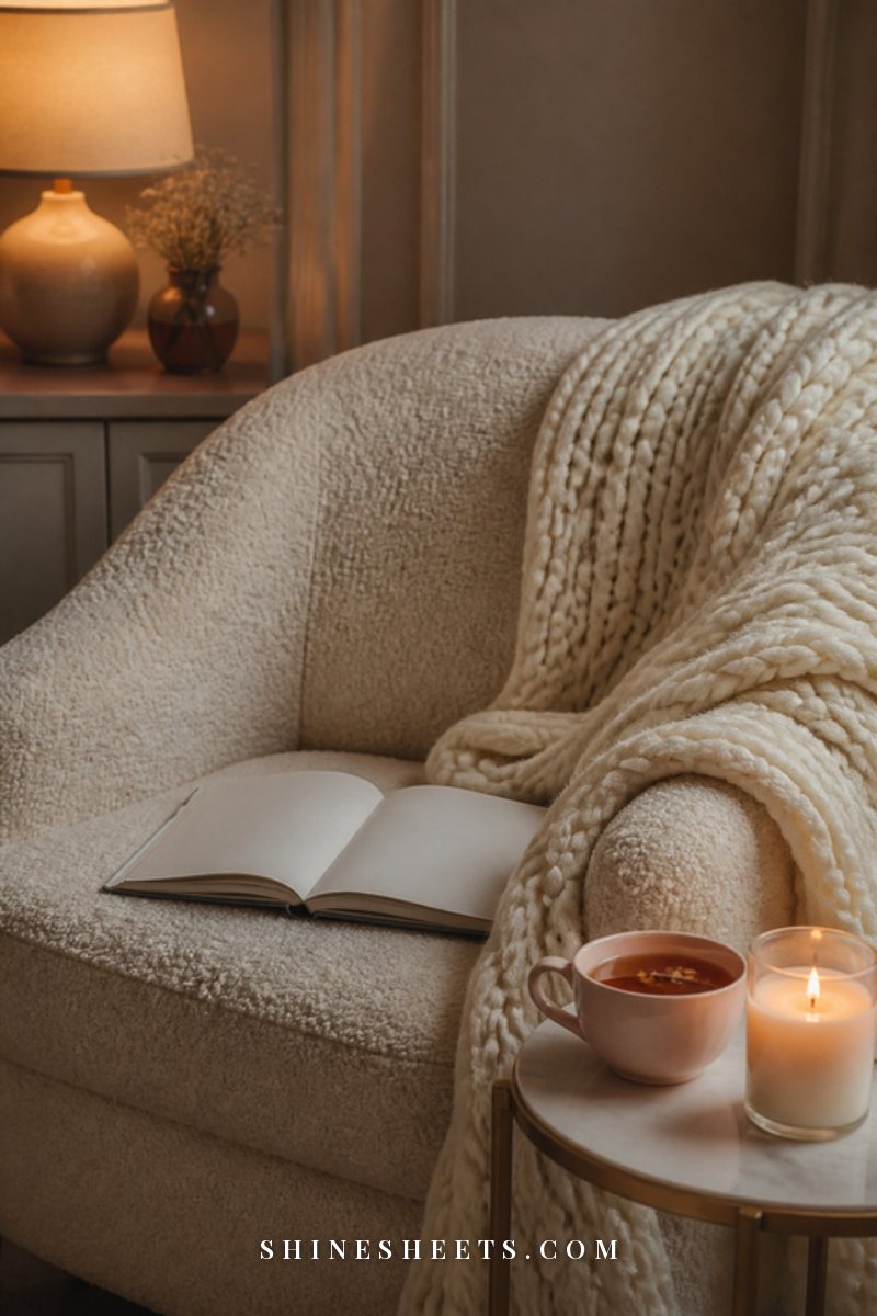Cozy armchair with a cream knit throw, an open blank journal and a cup of tea beside a lit glass candle in evening light