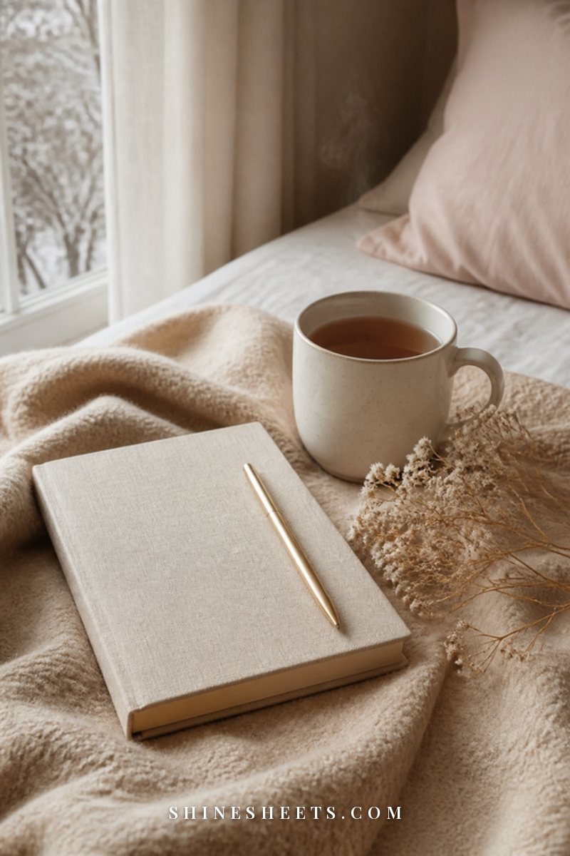 Cream linen notebook, a gold pen and a white ceramic mug of tea on a soft beige blanket in winter morning light