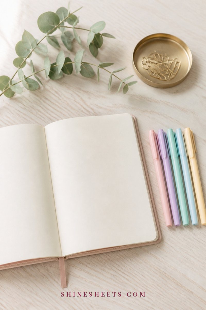 Open cream planner with soft blank pages, pastel gel pens and a sprig of eucalyptus on a white desk