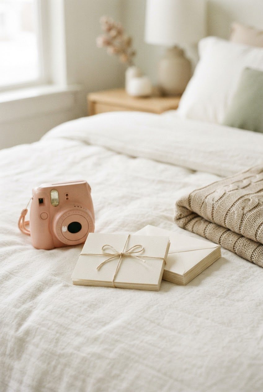 Small stack of blank cream note cards with envelopes, a pastel instant camera and a folded beige blanket on a white bed