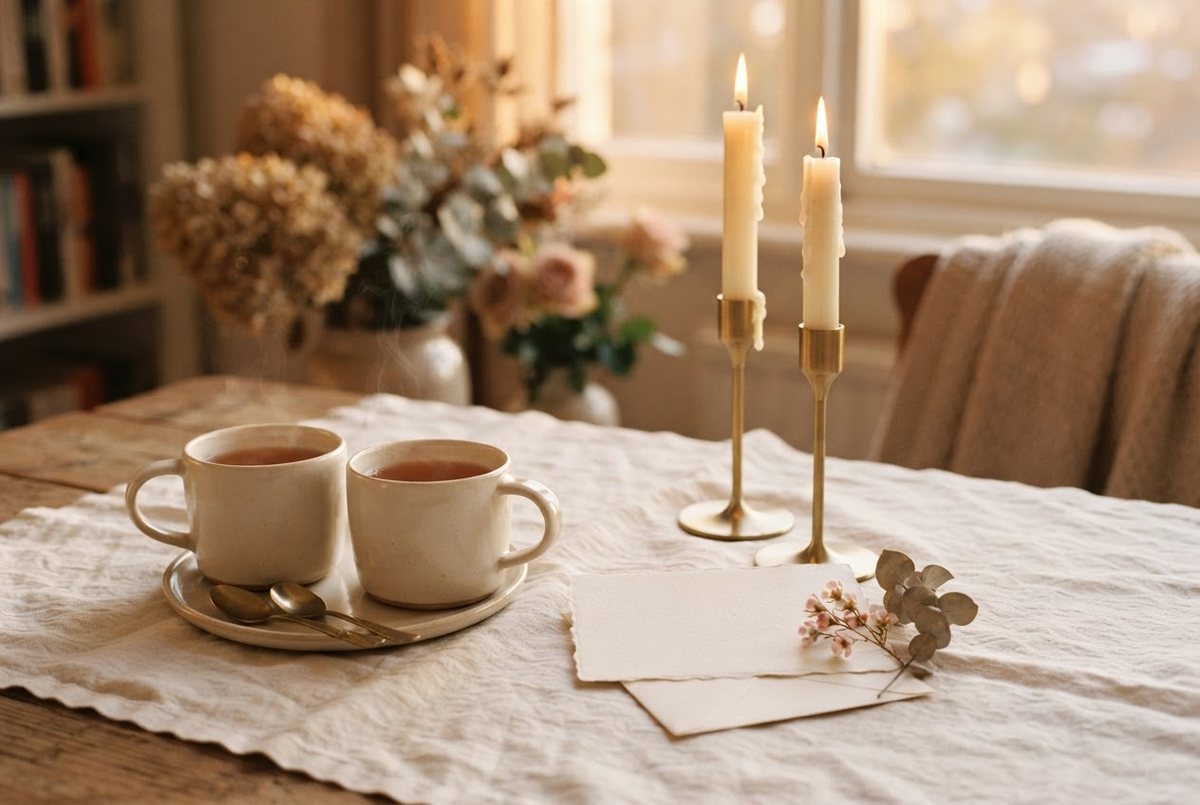 Two cream mugs of tea, a blank love note card and lit taper candles in gold holders on a linen tablecloth