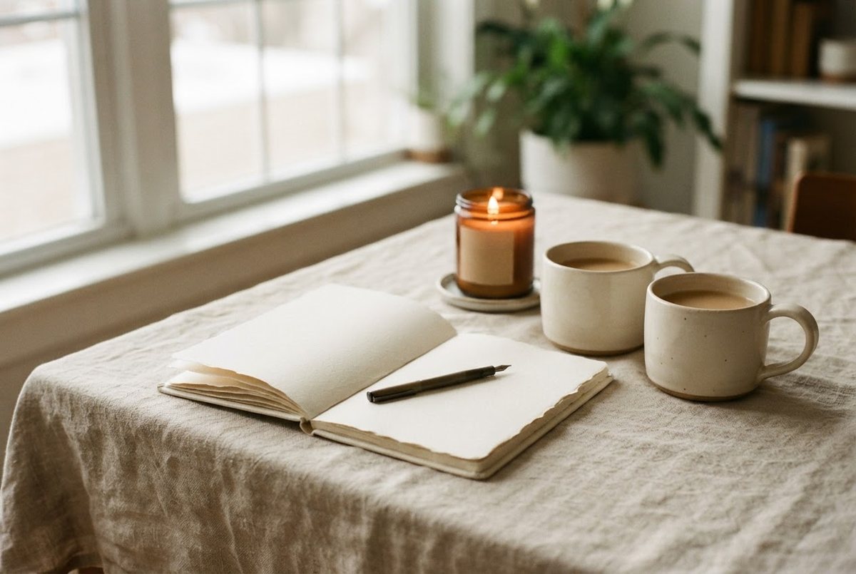 Cream journal, a pen, two ceramic mugs and a lit glass candle on a linen-covered table in soft daylight