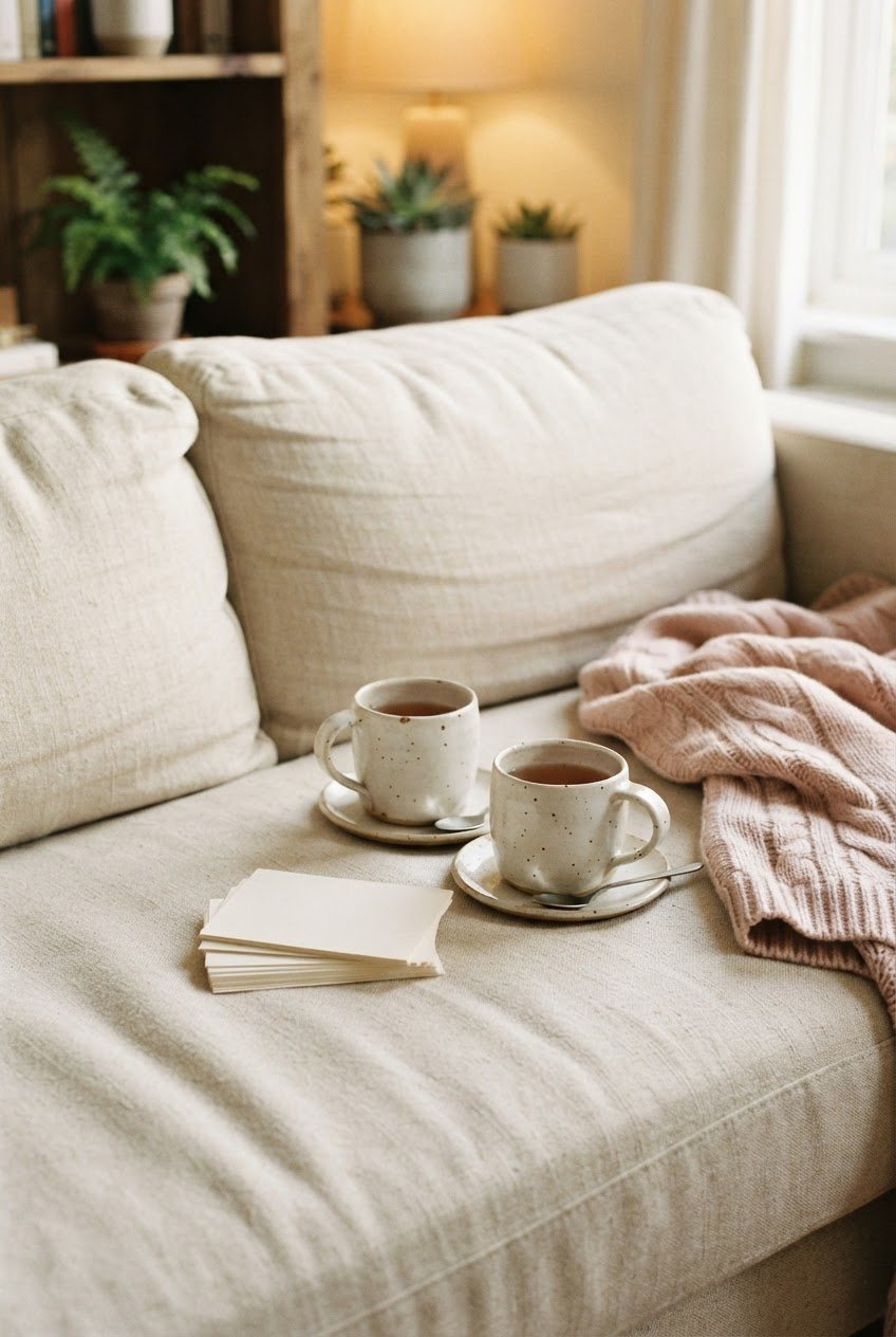 Two cream ceramic mugs, a stack of conversation cards and a blush throw on a linen sofa in warm evening light