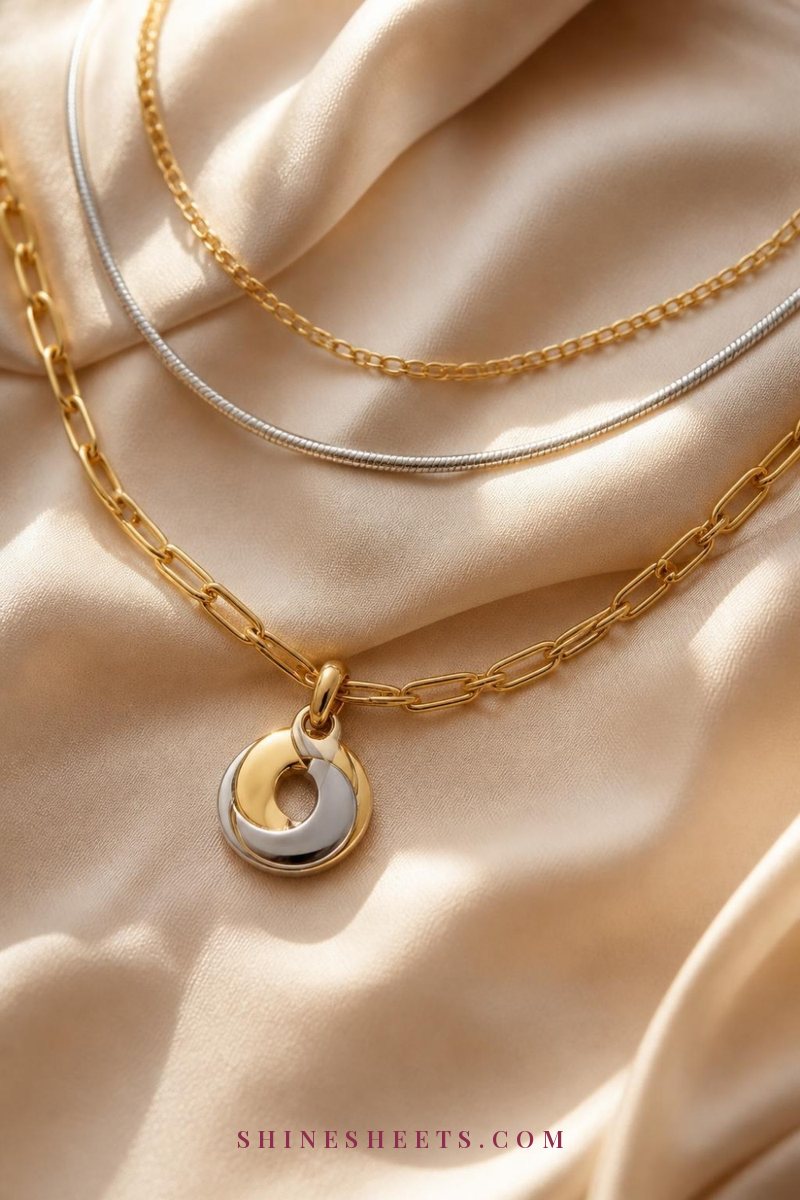 Gold and silver chains layered together on a beige silk scarf with a two-tone pendant linking both metals