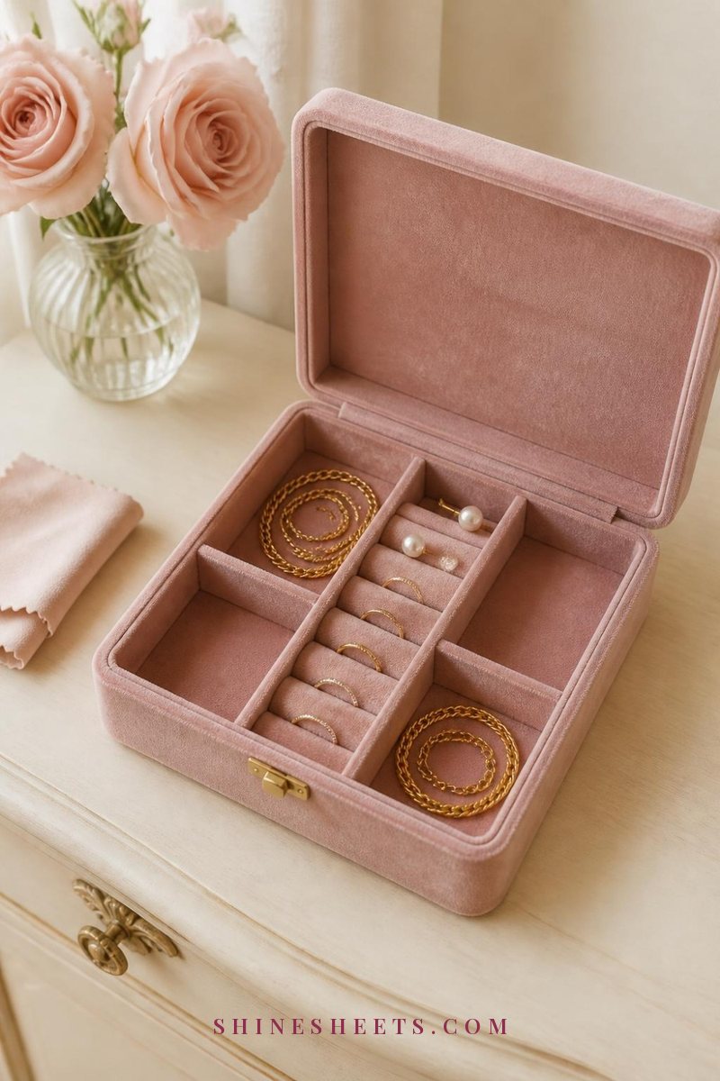 Open blush velvet jewelry box with separate compartments holding fine gold chains, pearl studs and thin rings on a cream dresser