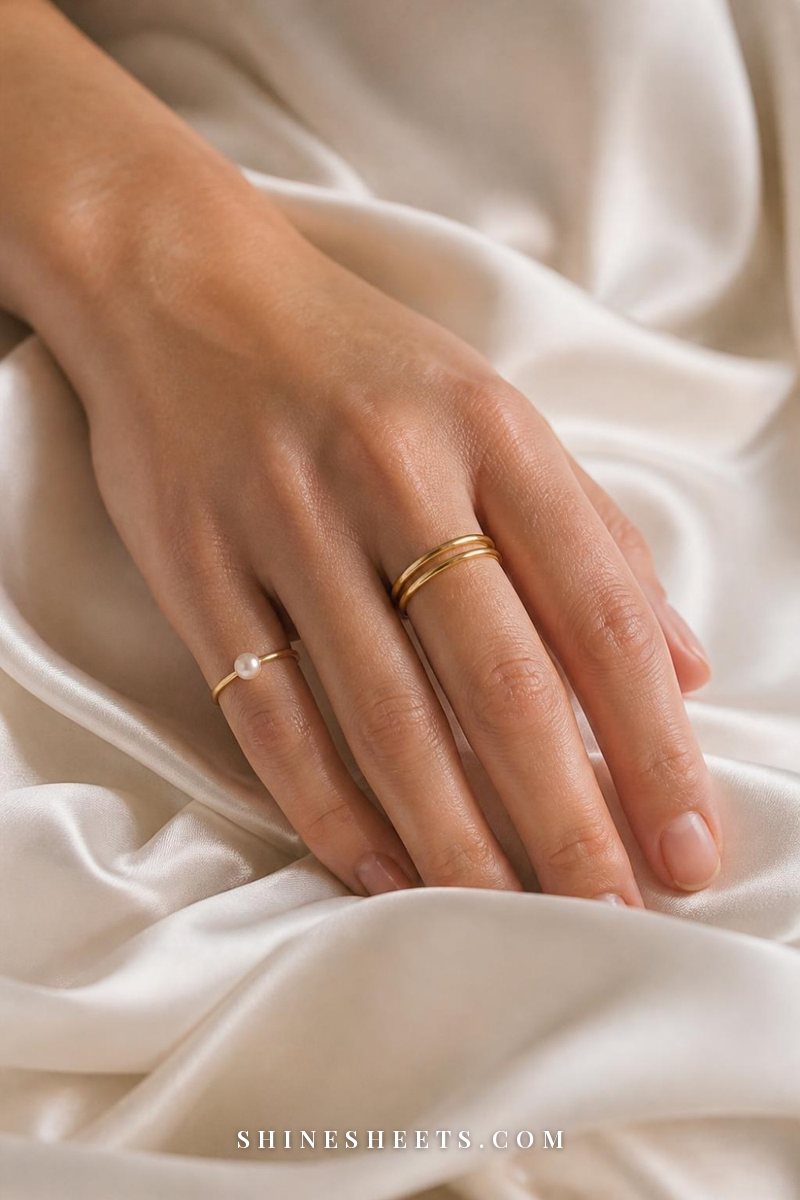 Woman's hand resting on cream silk wearing three thin gold bands and one pearl ring in an elegant odd-numbered stack