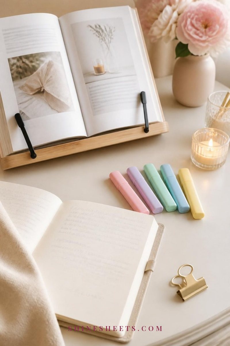 Book propped on a beige wooden book stand beside pastel highlighters and a lined notebook on a cream desk
