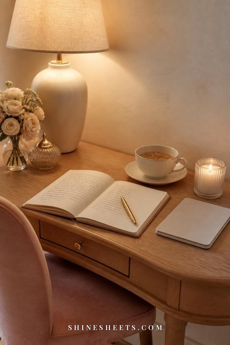 Evening learning corner with a cream ceramic desk lamp glowing over an open notebook, tea and an e-reader lying face down