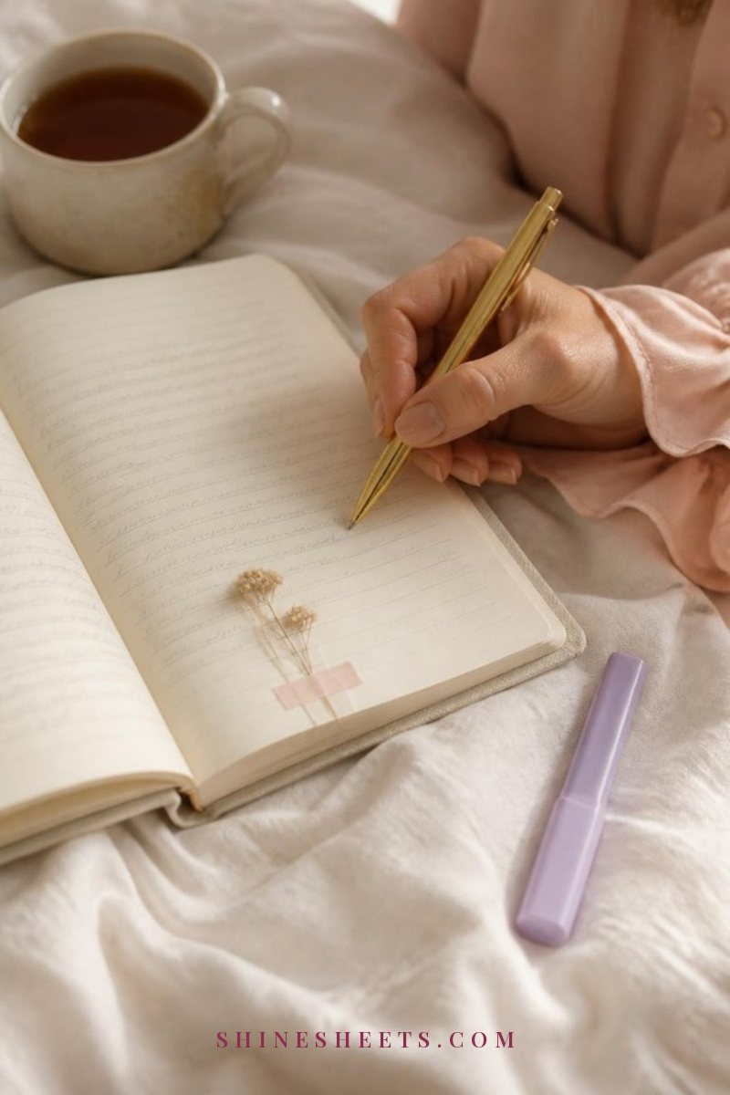 Hand writing in a cream linen learning journal with a gold pen next to pressed flowers and a mug of tea