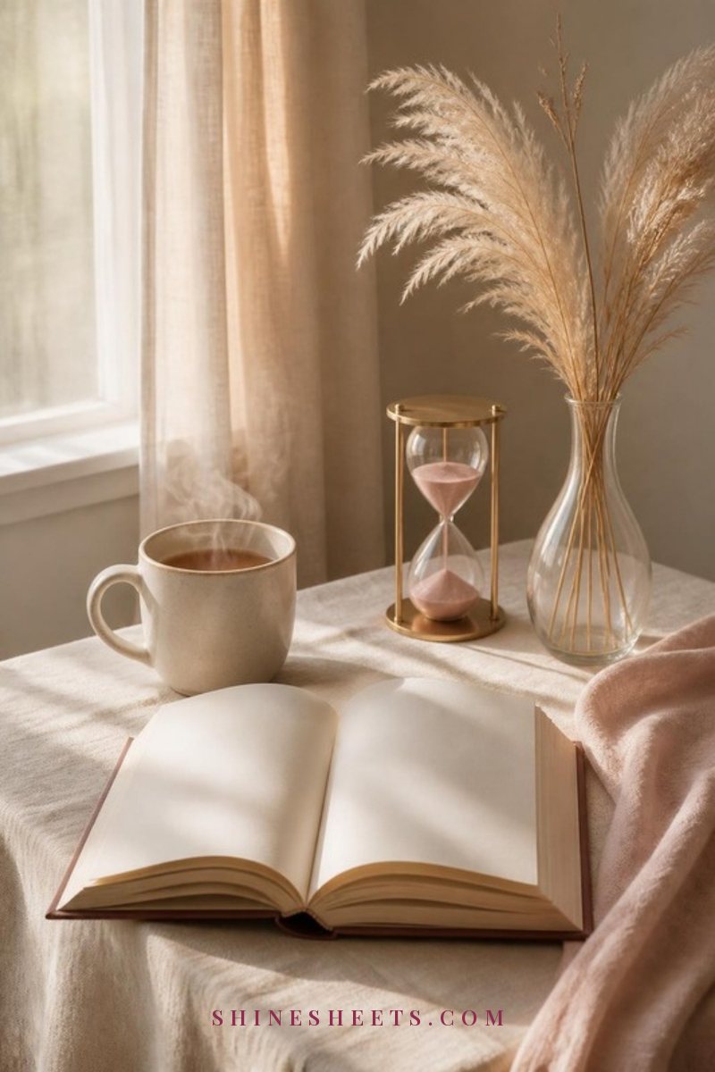 Open hardcover book, a cream mug of tea and a small gold hourglass on a linen tablecloth in morning light