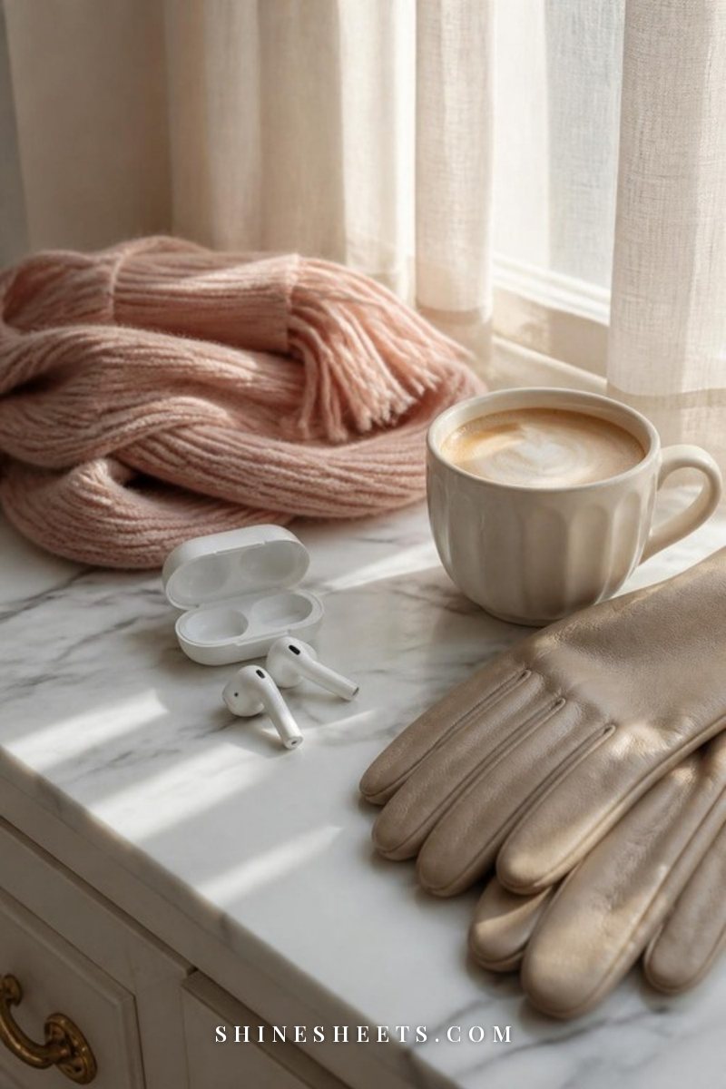 White wireless earbuds in an open case next to a knit blush scarf and a cup of coffee on a windowsill