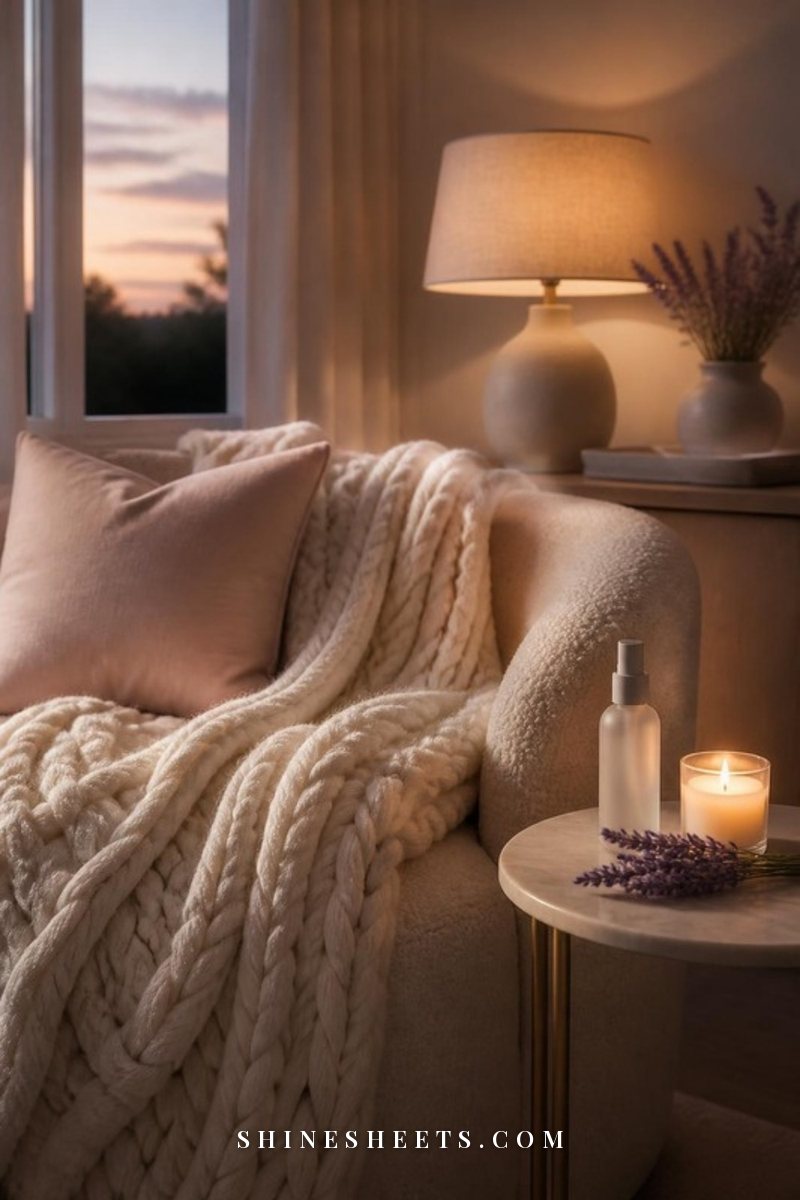 Chunky cream weighted blanket draped over a beige armchair beside a small lavender spray bottle and a lit glass candle