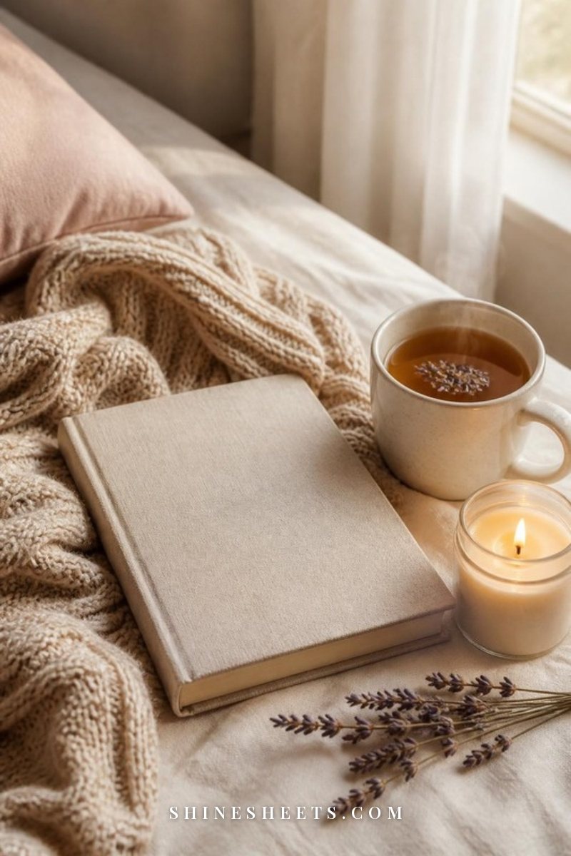 Cream linen notebook, a lit glass candle and a cup of tea on a soft beige blanket in calm morning light