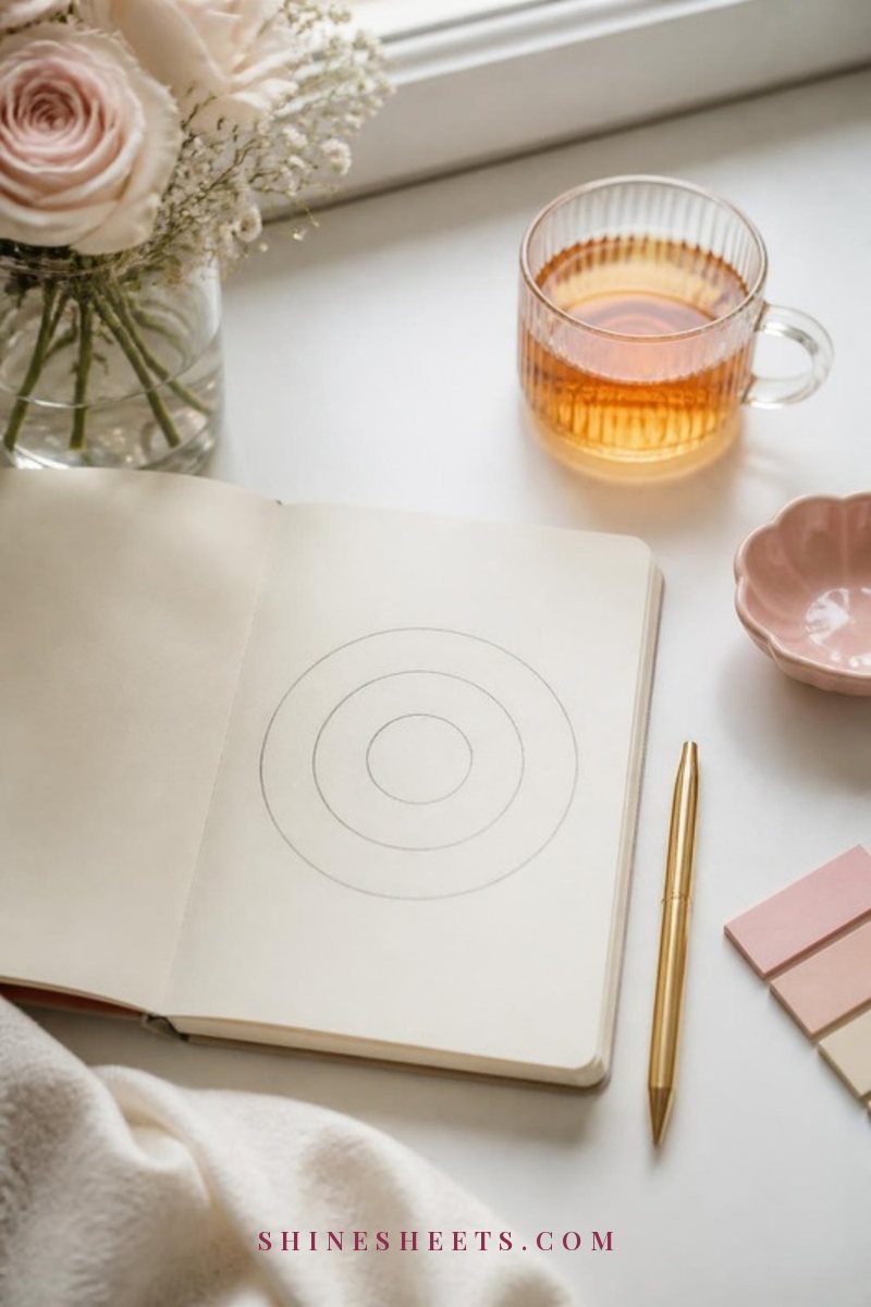 Open cream notebook with three hand-drawn circles in soft pencil, a gold pen and a glass of tea on a white desk