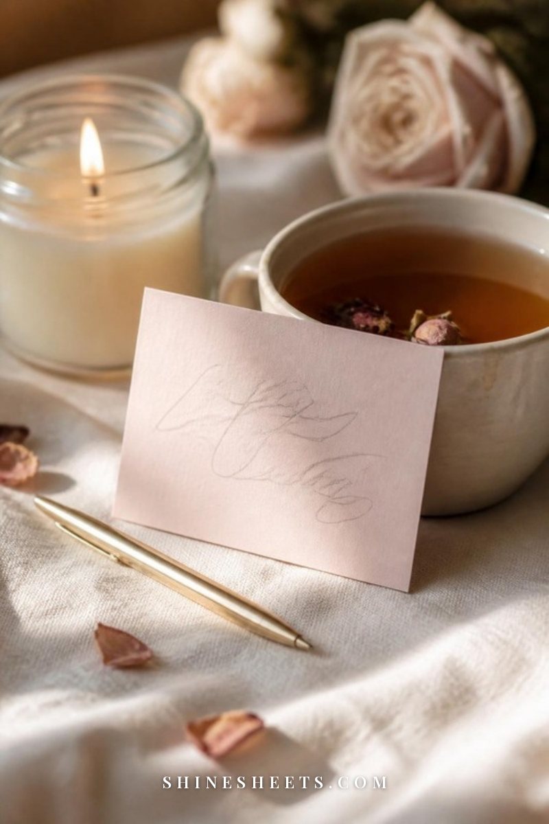 Small blush card with soft illegible handwriting propped against a cup of herbal tea on a cream linen tablecloth