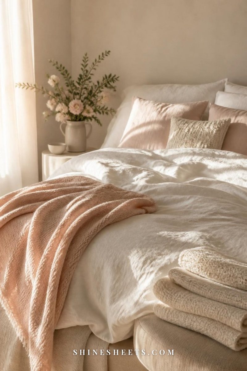 Softly rumpled white linen bed with a casually tossed blush throw and a stack of loosely folded towels in morning light