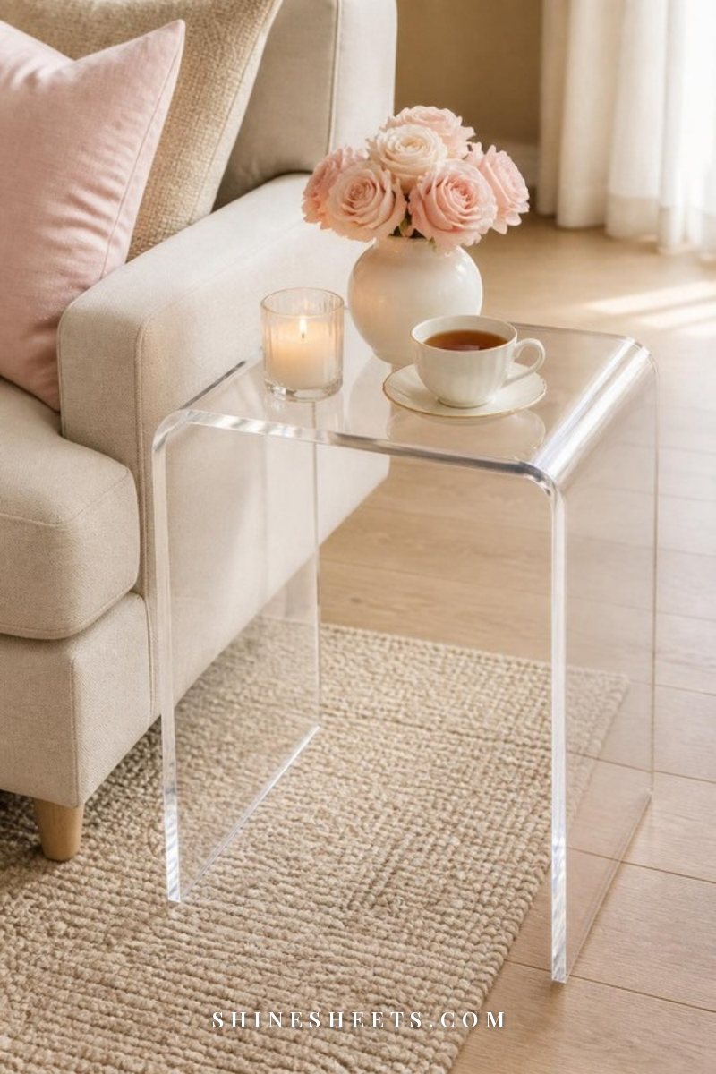 Clear acrylic side table holding a glass candle and a small vase beside a cream sofa