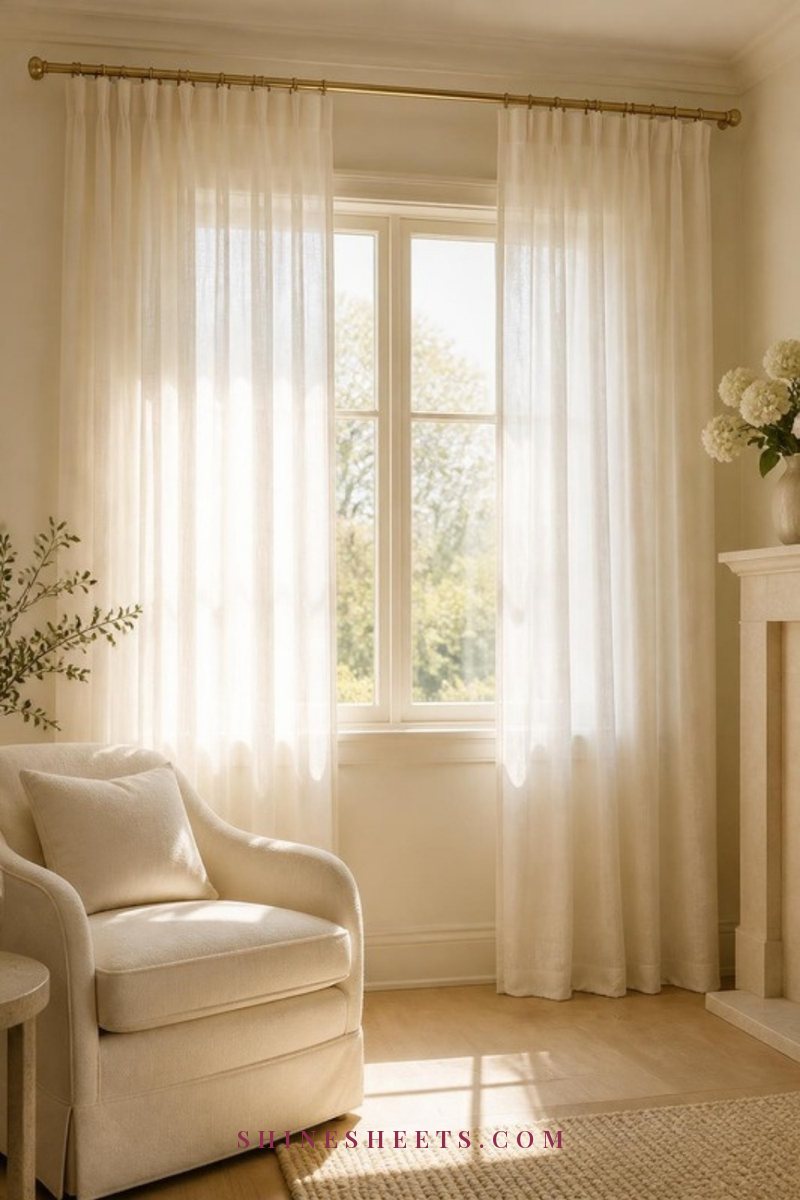 Sheer white curtains hung near the ceiling and wide past a window frame in a bright cream room