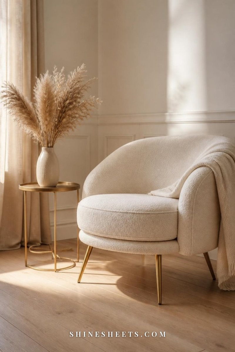 Slim-legged cream boucle accent chair with gold legs on a pale oak floor showing floor space beneath