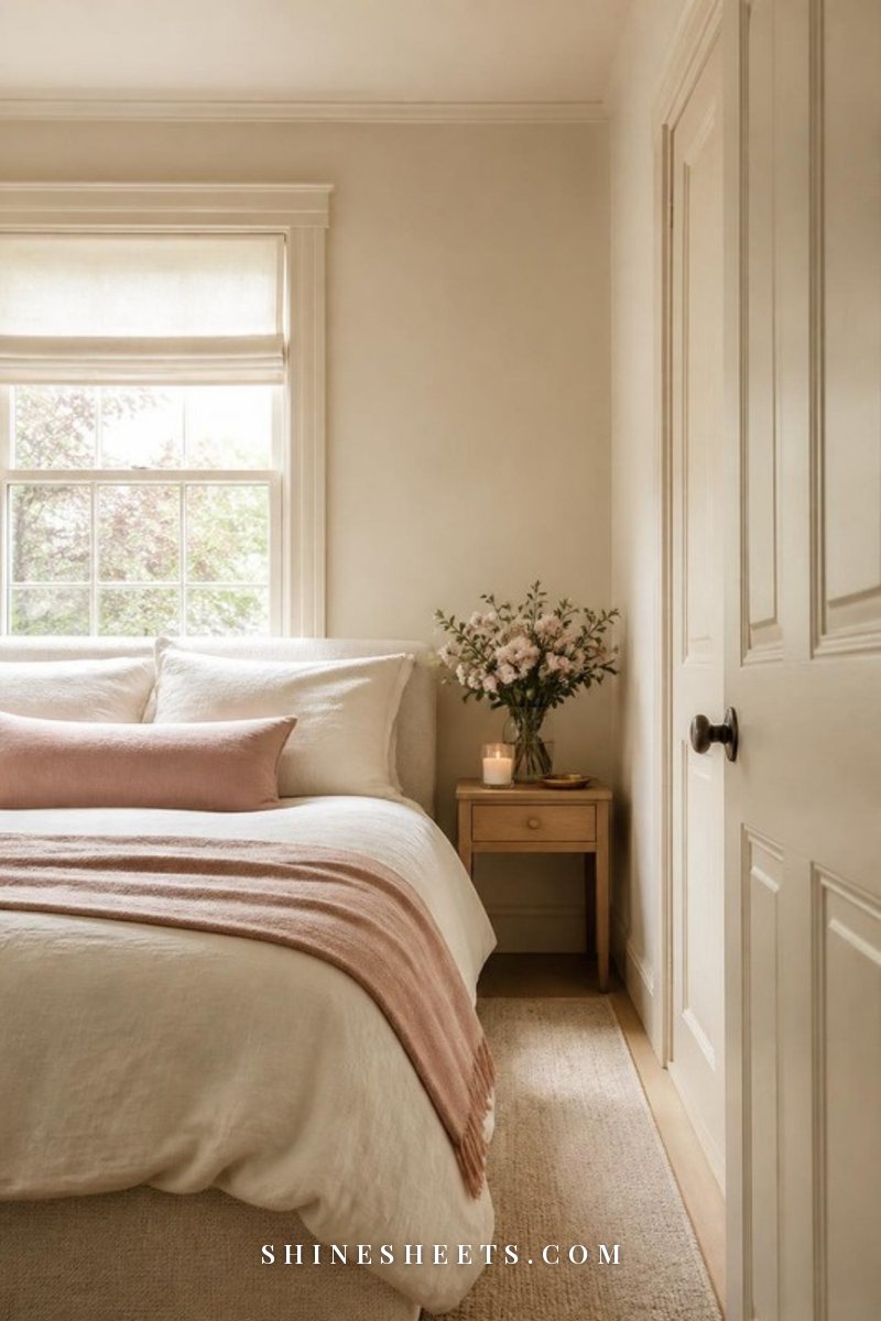 Small bedroom color drenched in soft warm cream with matching walls, trim, ceiling and cream linen bedding