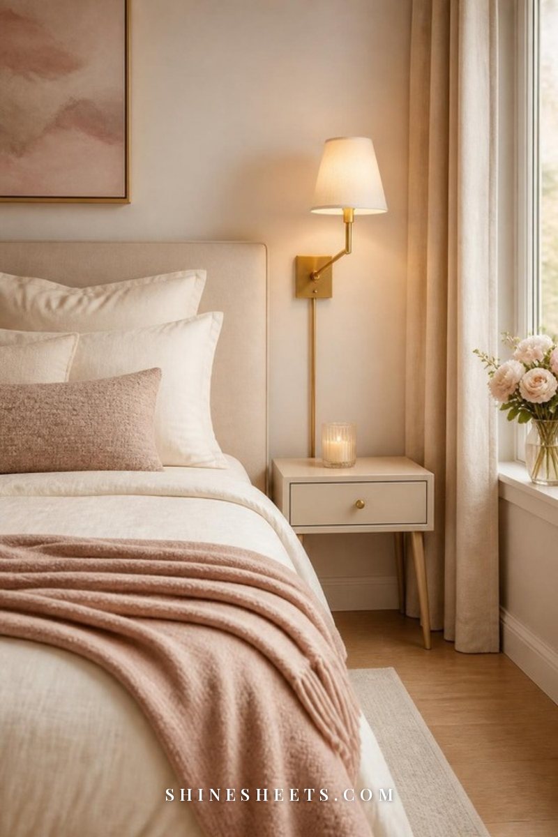 Small bedroom with a low upholstered cream bed, blush throw, slim nightstand and a gold plug-in wall sconce