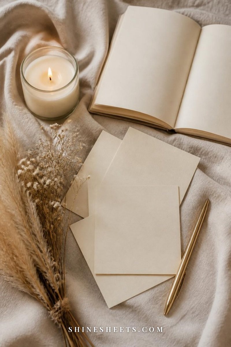 Blank cream cards and a gold pen spread on a beige linen bedspread beside dried flowers and a glass candle