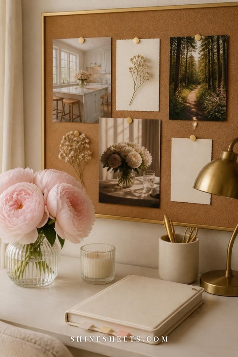 Cork pinboard above a cream desk with soft-toned photos, pressed flowers and blank cards, pastel sticky tabs and a glass candle