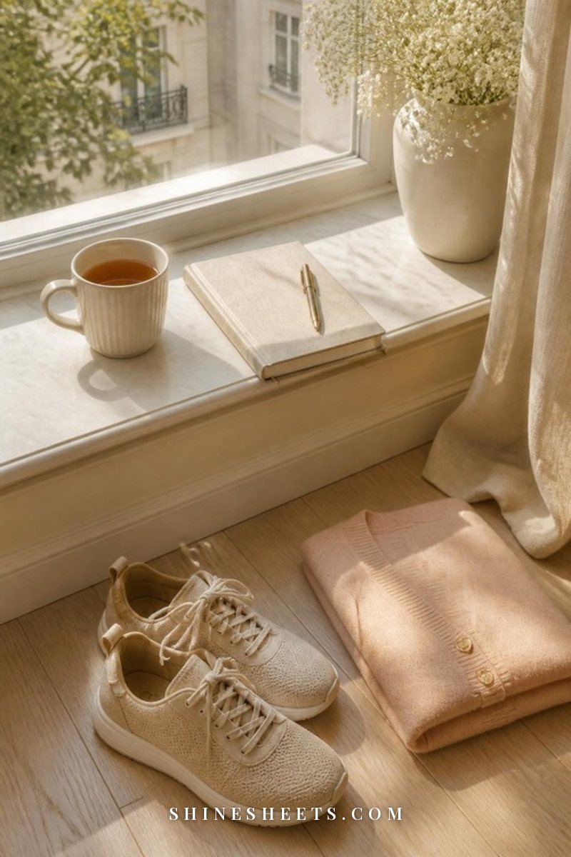 Cream ceramic mug of tea, a closed linen journal and a pair of beige women's walking sneakers by a sunny window