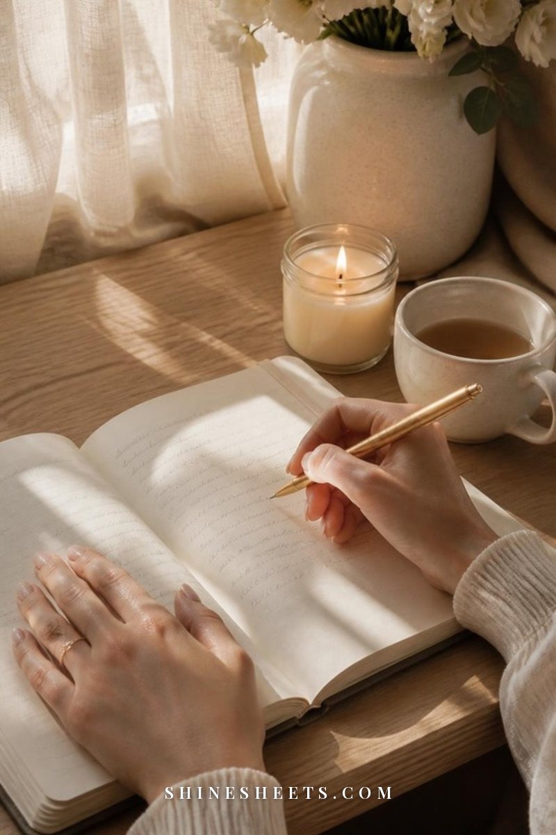 Hands writing in a cream journal beside a cup of tea and a glass candle on a wooden desk by a sunlit window