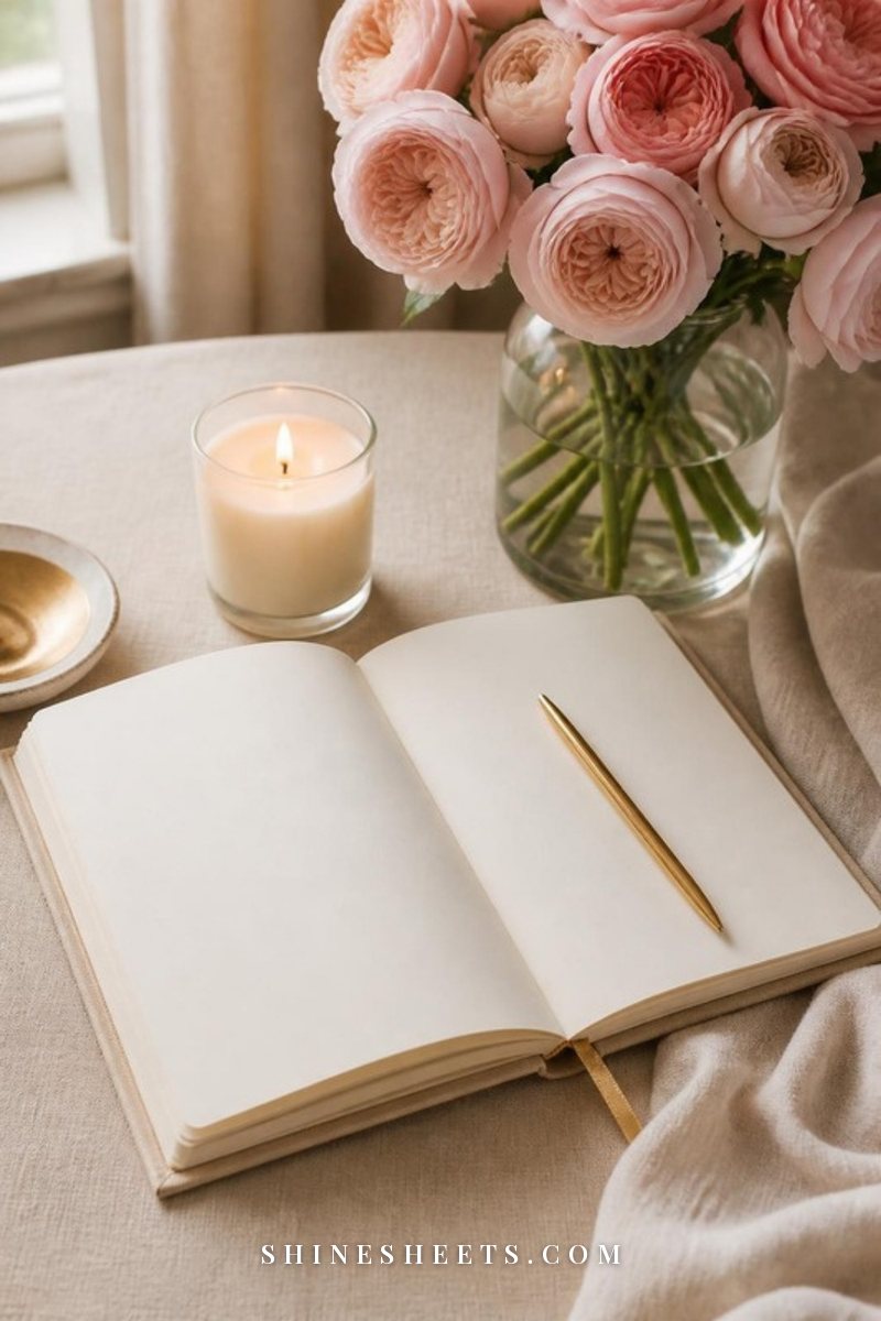 Open cream linen journal with blank pages, a gold pen and a lit glass candle on a beige linen tablecloth in soft morning light