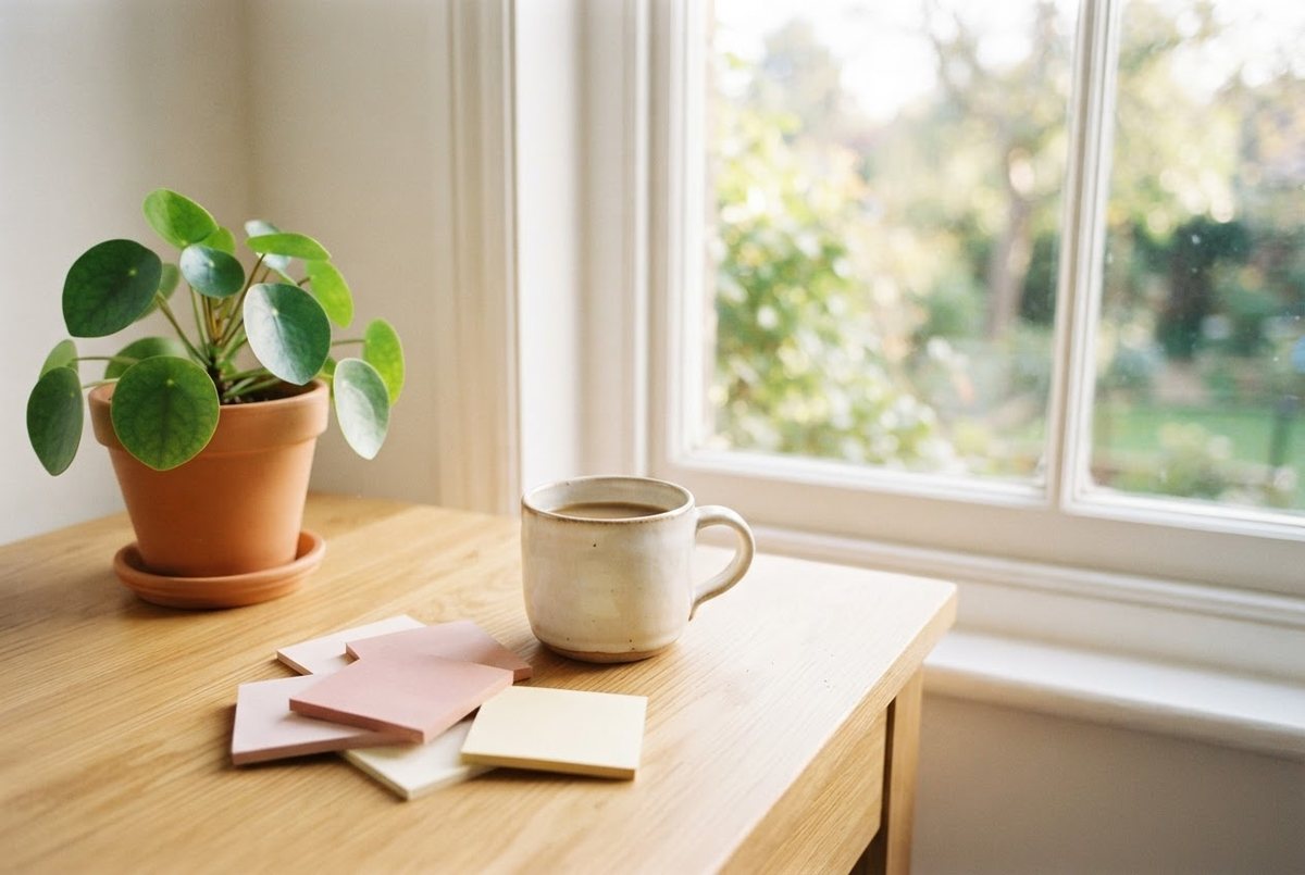 Cream coffee mug, pastel sticky notes and a small potted plant on a light wooden desk by a window