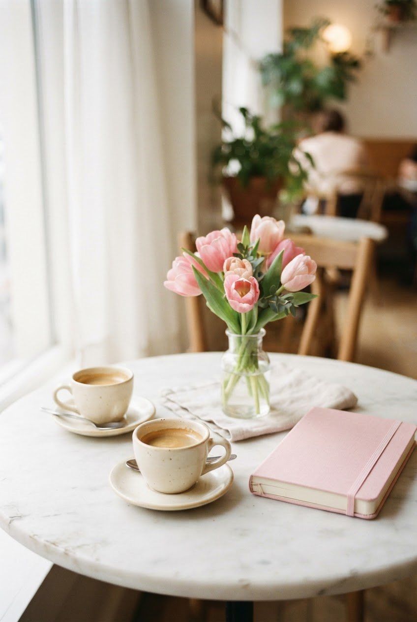 Two cream coffee cups, a small vase of pink tulips and a pastel notebook on a white café table