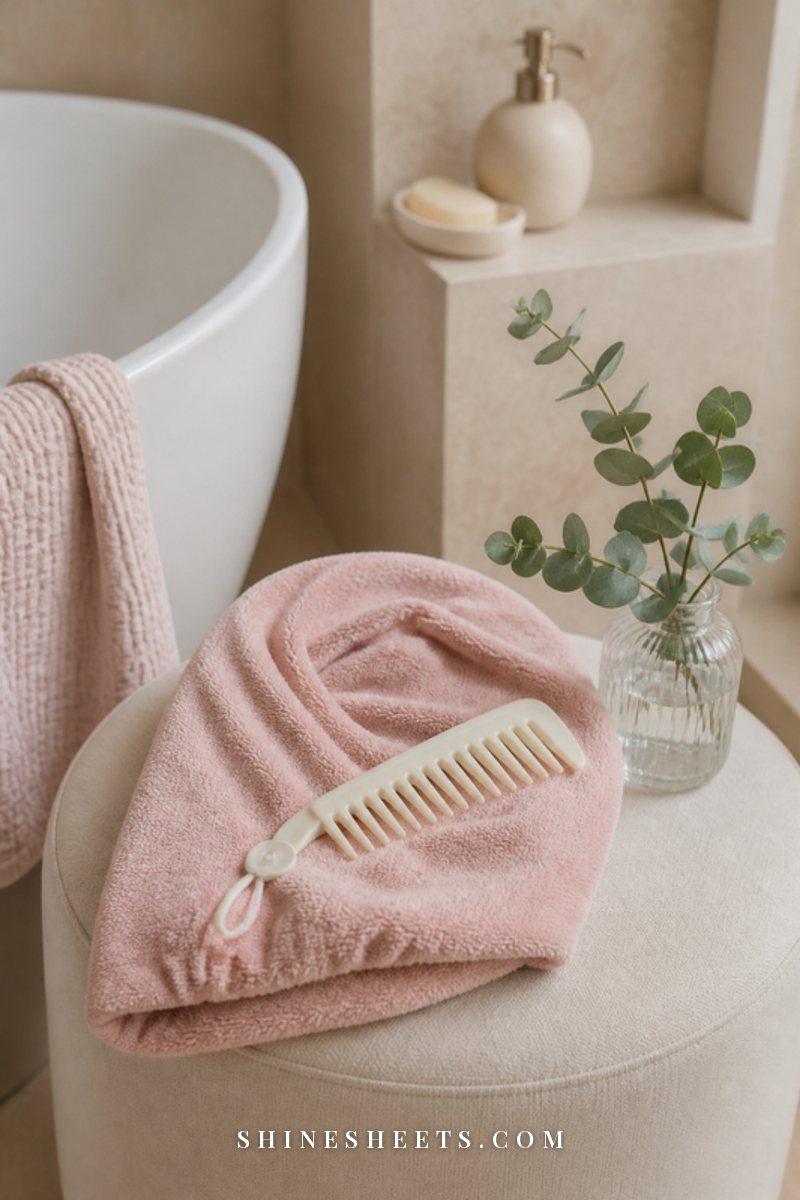Soft blush pink microfiber hair towel neatly folded on a cream stool beside a wide-tooth comb in a bright bathroom