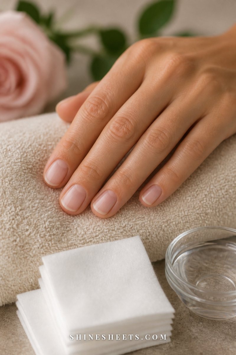 Close-up of a woman's hand with clean, bare short nails resting on a cream towel beside lint-free nail wipes and a small glass dish