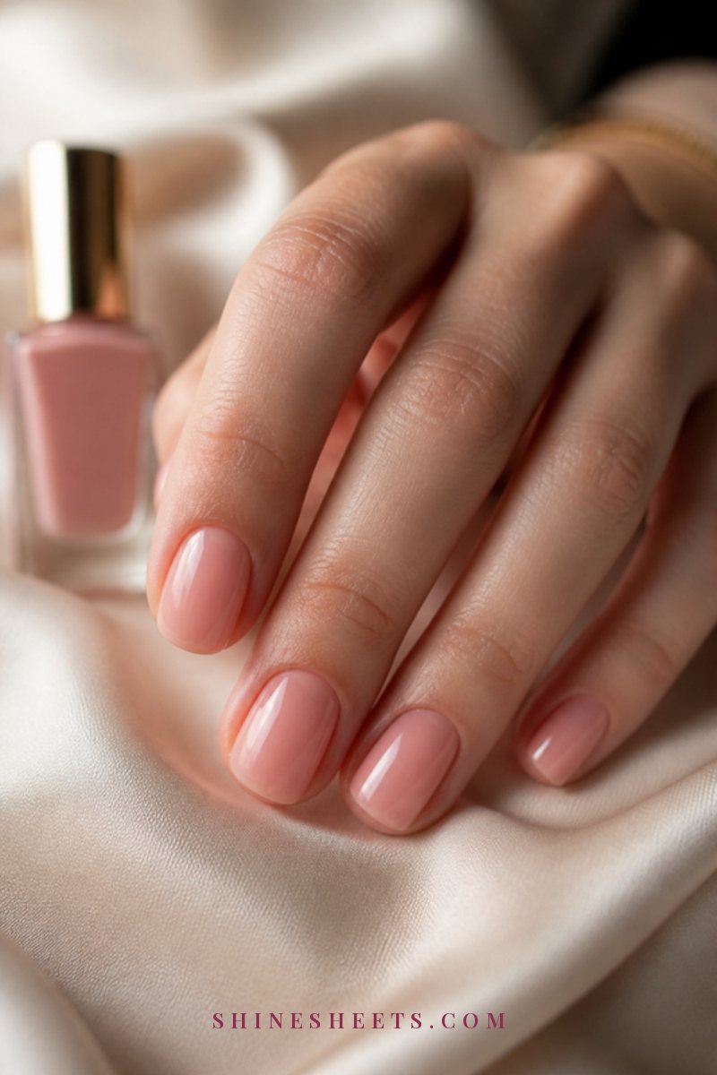 Close-up of a woman's hand with short rounded nails in a smooth, glossy sheer pink polish resting on cream silk