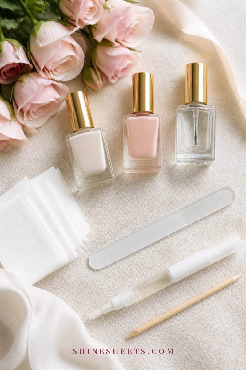 Flat lay on cream linen with glass bottles of base coat, sheer pink polish and top coat, lint-free wipes, a glass nail file and a cuticle oil pen
