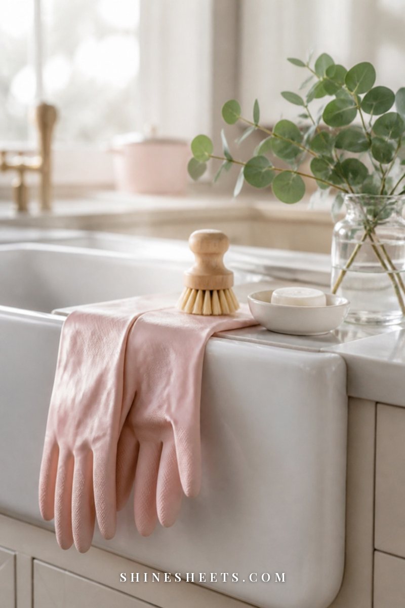 A pair of pink rubber cleaning gloves draped over the edge of a white farmhouse sink beside a cream dish brush and a sprig of eucalyptus