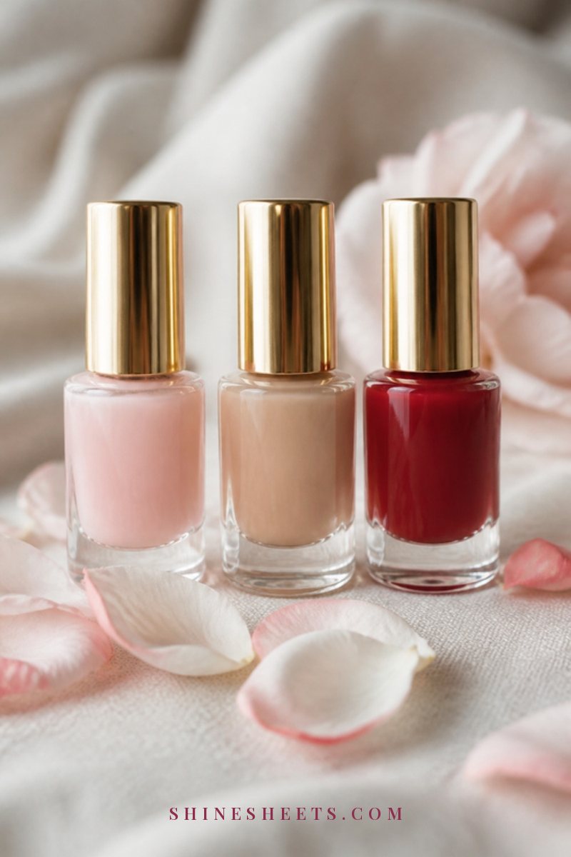 Three unlabeled glass bottles of nail polish in sheer pink, soft nude and classic red with gold caps on cream linen