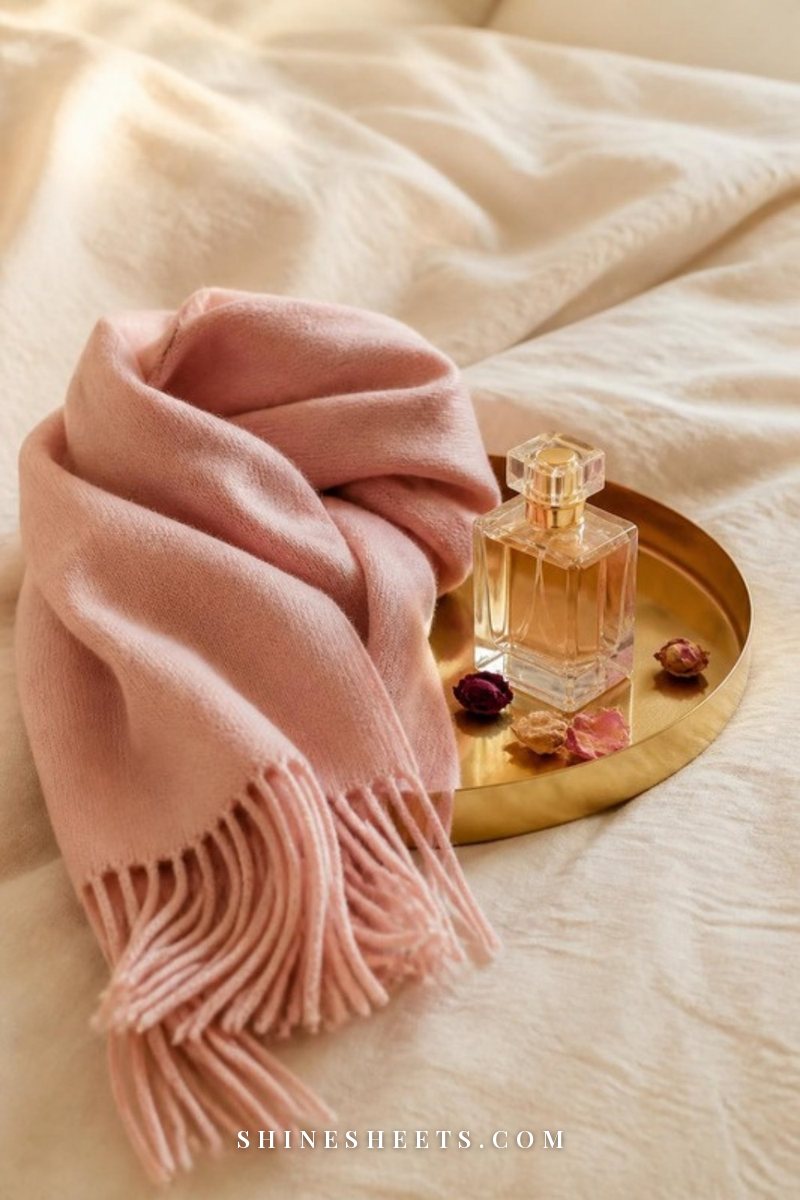 Blush silk scarf loosely draped over a gold tray next to a glass perfume bottle