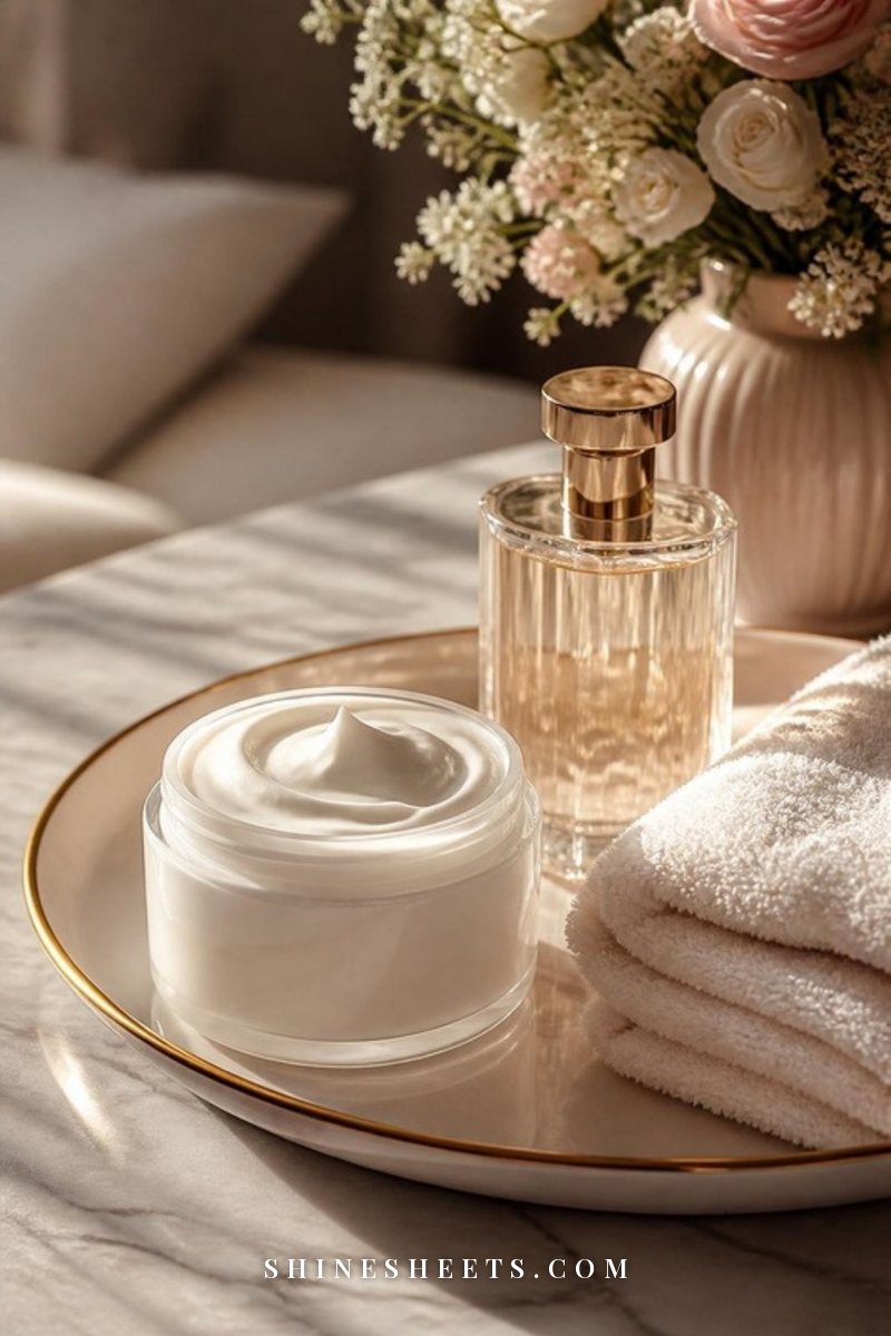 Cream body lotion jar and a matching glass perfume bottle on a beige marble dresser tray in soft light
