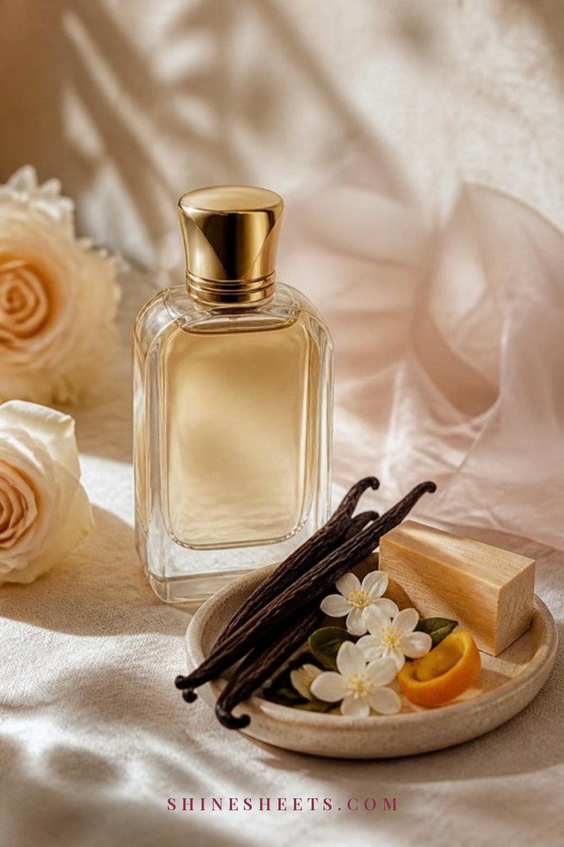 A cream glass perfume bottle beside a dish of vanilla pods, a sandalwood block and a sprig of fresh citrus peel on beige linen