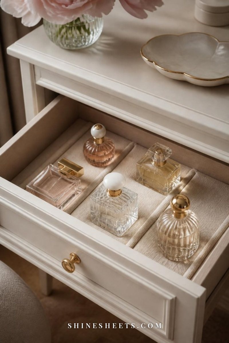 Glass perfume bottles stored inside a cream wooden drawer with linen lining, away from sunlight