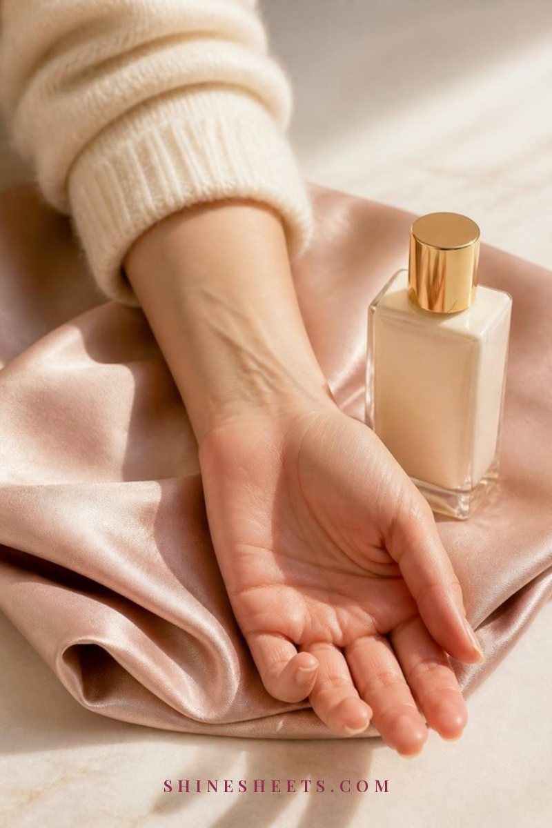 A woman's wrist and neck area softly lit beside a cream perfume bottle on a blush satin cloth