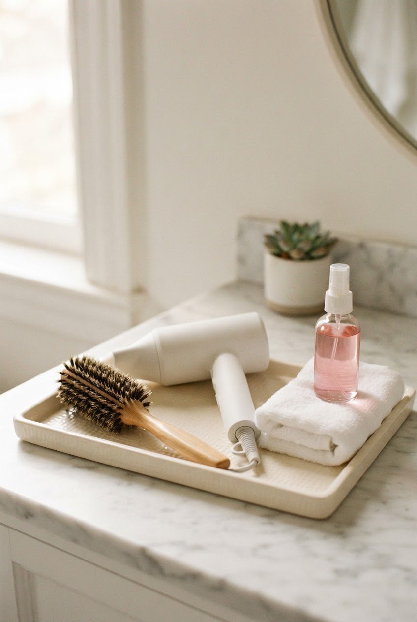 Round brush, a hair dryer and a folded white towel beside a small pink spray bottle on a cream vanity tray
