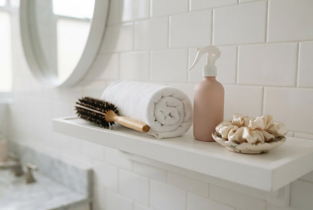 White microfiber hair towel, a round brush, a pink spray bottle and cream silk scrunchies on a white bathroom shelf